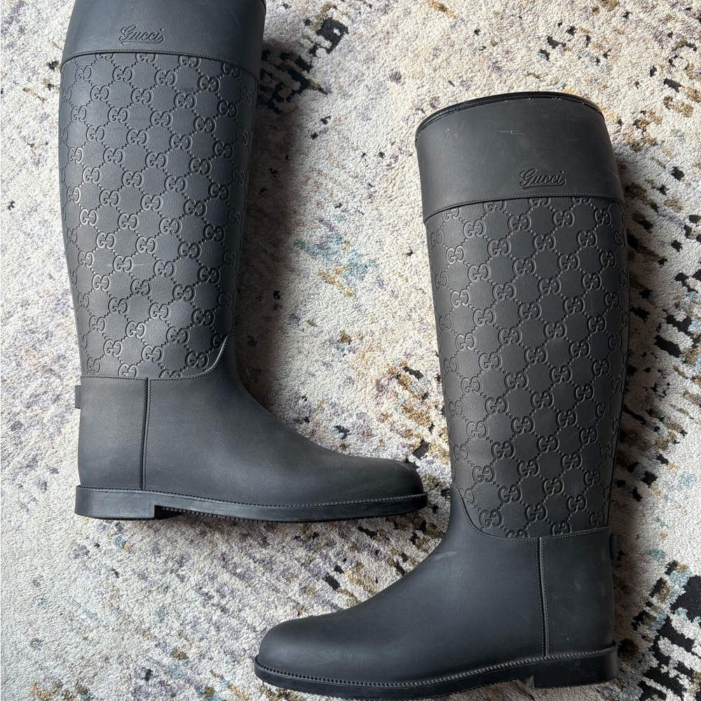 Gucci Black Rubber Guccisma Wellington Boot, Embossed Monogram, Insulated Inside